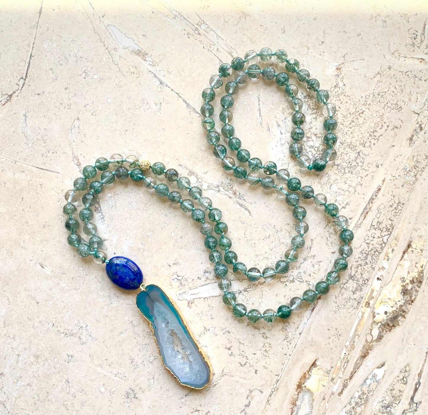 phantom quartz knotted mala beads, 6mm, oval lapis lazuli guru bead, green agate pendant