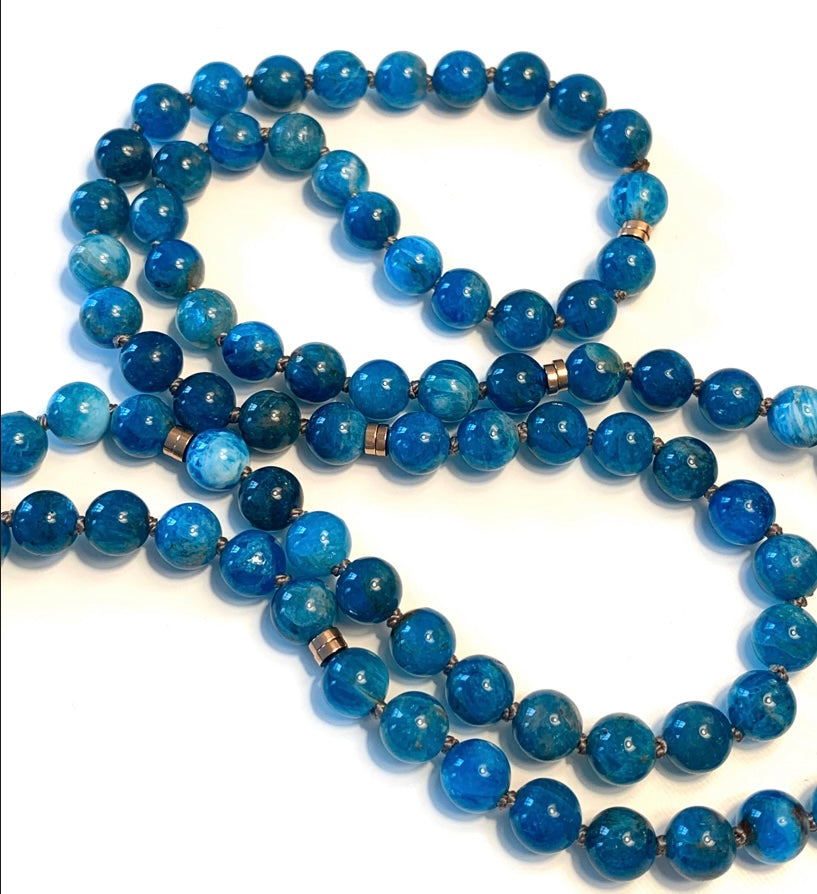 Infinite Light Mala Beads, Apatite, Rose Gold Plated Hematite and Raku Pottery