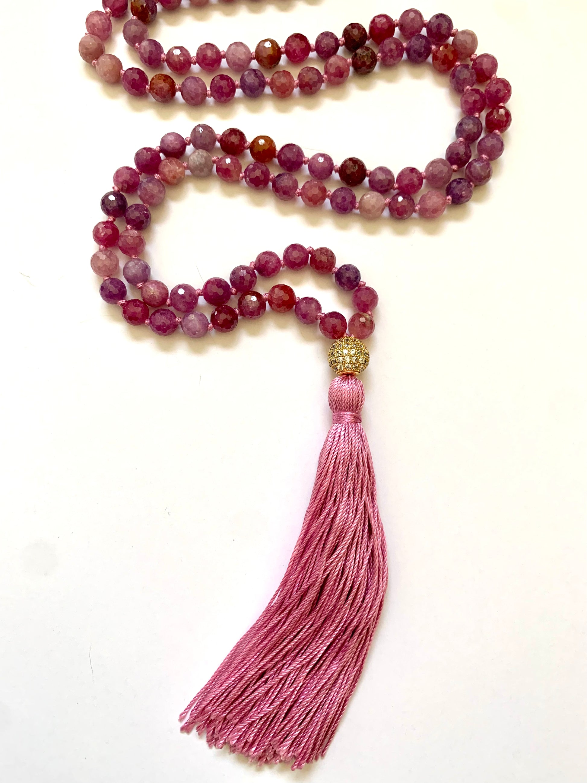 Ruby Mala Beads, 6mm, knotted, pink silk tassel, pave cz guru bead